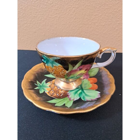 Vintage  Shafford Japan Porcelain Tea Cup & Saucer Fruit  Pinapple Black & Gold - Picture 2 of 11